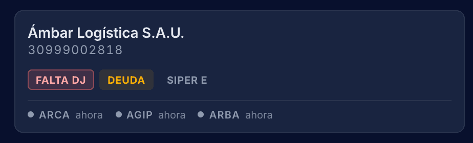 Tarjeta de un cliente con sus alertas y la antigüedad por organismo