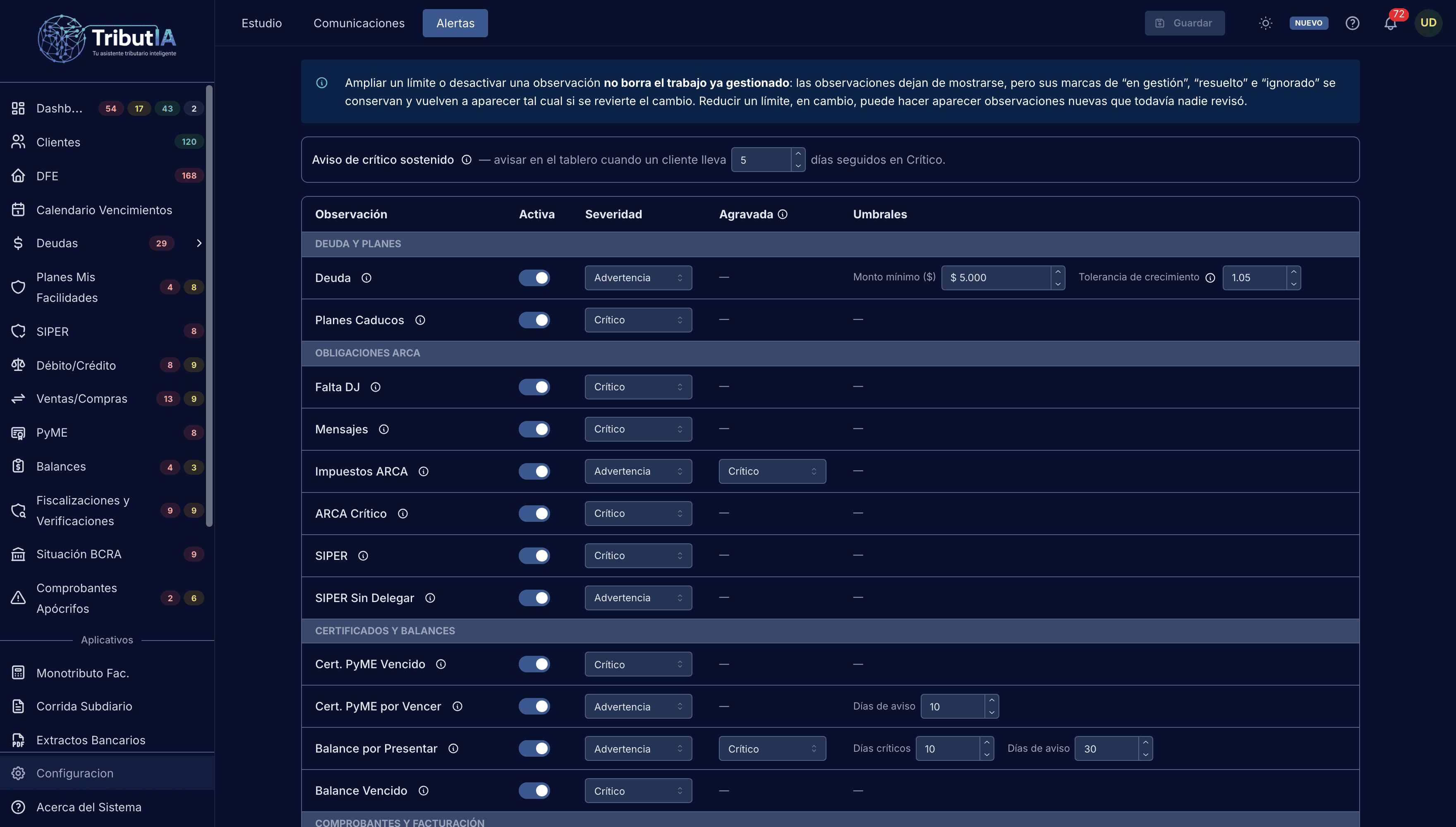 Configuración de observaciones, severidades y umbrales del estudio