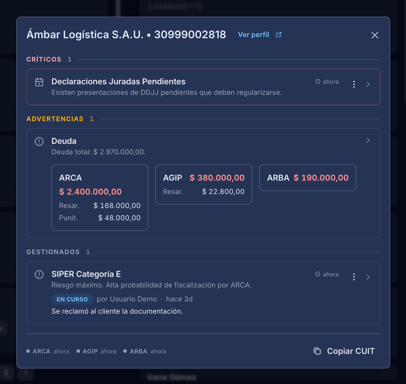 Detalle del cliente con la deuda abierta por organismo