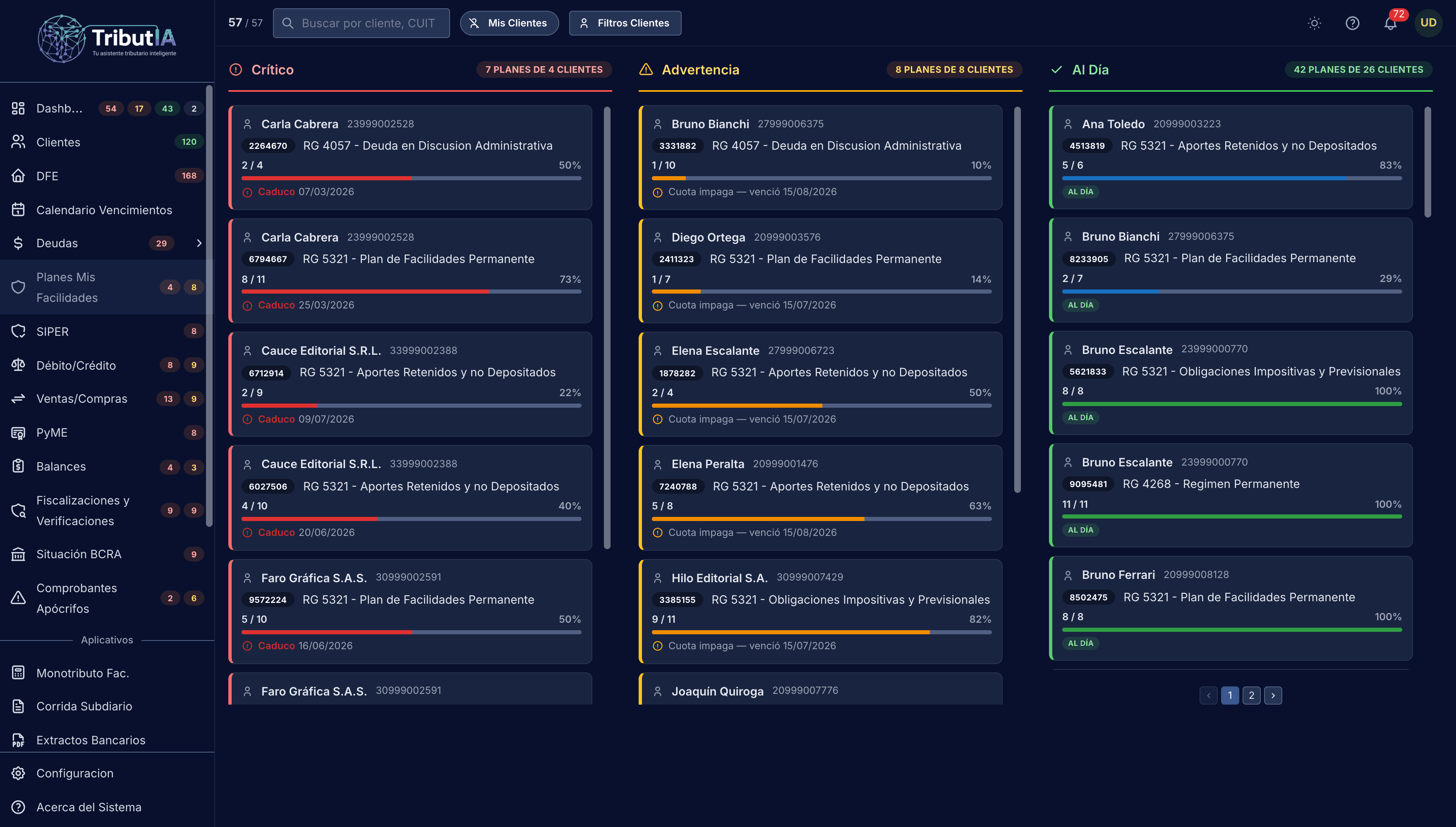 Planes de facilidades agrupados por estado, con el avance de cuotas